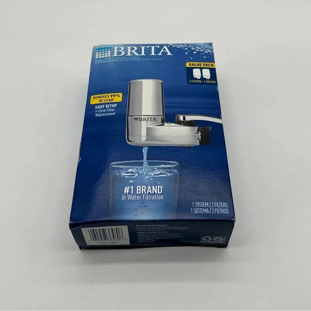 Brita Chrome Tap Water Faucet Filtration System & 2 Filters & Change Reminder